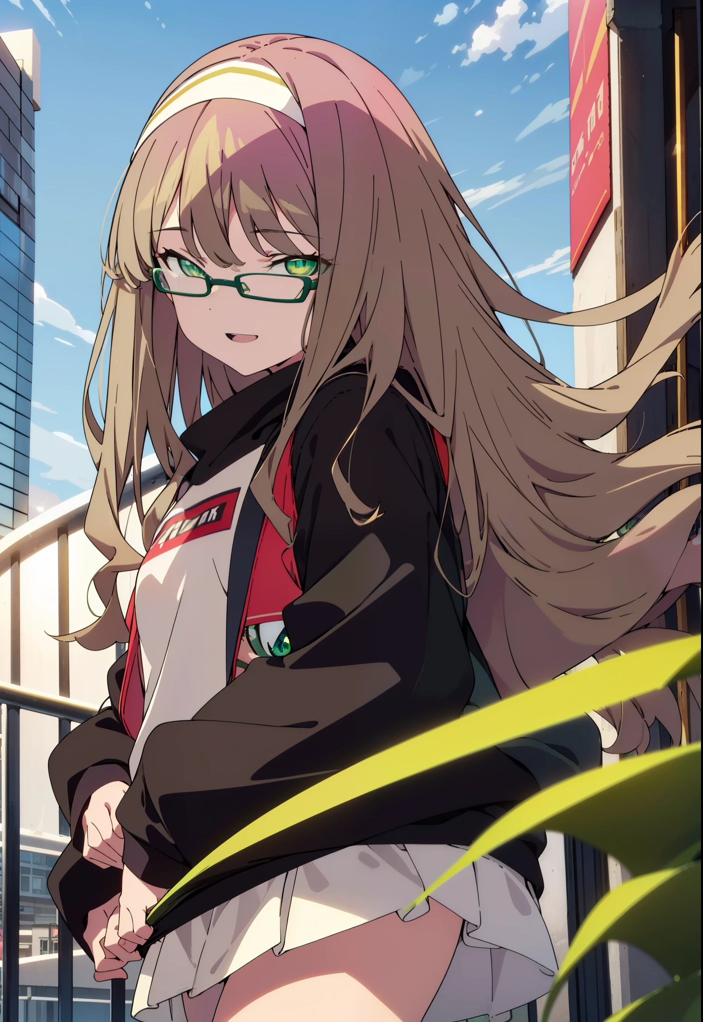 minami yume ,sss Dynazenon ,Long Hair, Brown Hair, (Green Eyes:1.5) ,Center of chest,hair band,happy smile, smile, Open your mouth, Black-rimmed glasses,Oversized red hoodie,Blue long skirt,short boots,Walking,whole bodyがイラストに入るように
break looking at viewer, whole body,(Cowboy Shot:1. 5),
break outdoors, Building district,
break (masterpiece:1.2), Highest quality, High resolution, unity 8k wallpaper, (shape:0.8), (Beautiful and beautiful eyes:1.6), Highly detailed face, Perfect lighting, Extremely detailed CG, (Perfect hands, Perfect Anatomy),