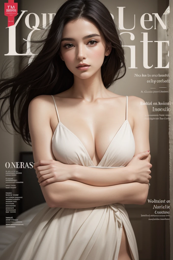 best qualityer, work of art), Cover of a women's culinary magazine, , Kale, Erotic, 18+, nsfw, 1 girl, 30 years old, splendid, cute, comforting smile, hourglass figure, wearing floral dress, avental pinny, beautiful food, Text, diagrams, adverts, magazine title, Long blue hair