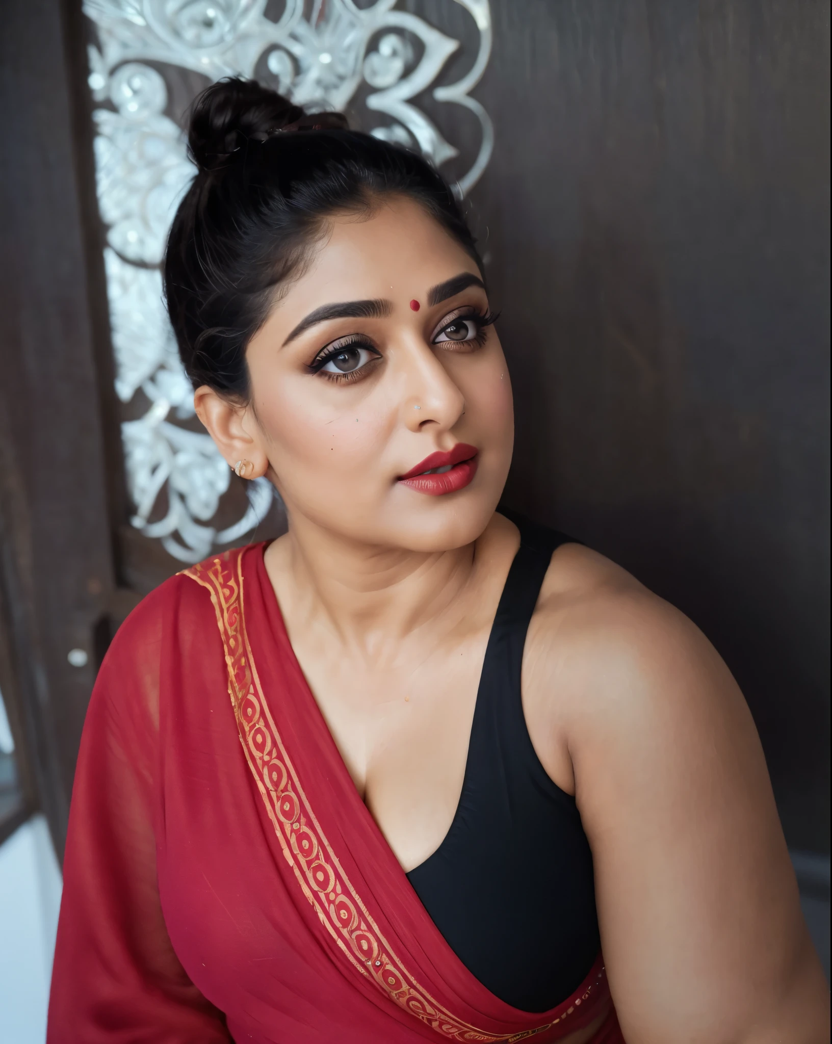 50yo mature MILF Anushka Shetty,((best quality)), ((masterpiece)), ((realistic)), eye kajal, mascara, red lips, sensual Beauty, mommy, full figured mommy, provoking body, extreme sweat, sweat soaked skin, slight stretch marks, alluring figure, bulging figure, thick charming lady, curvy, thick navel, full figured woman, eye kajal, massive breast, full body, styled hair, pierced eyes, female face,royal aura, trend on artstation , sharp focus, studio photo, intricate detail, very detailed, detailed eye, illustration, very detailed, sharp focus, digital render, professional, 4k