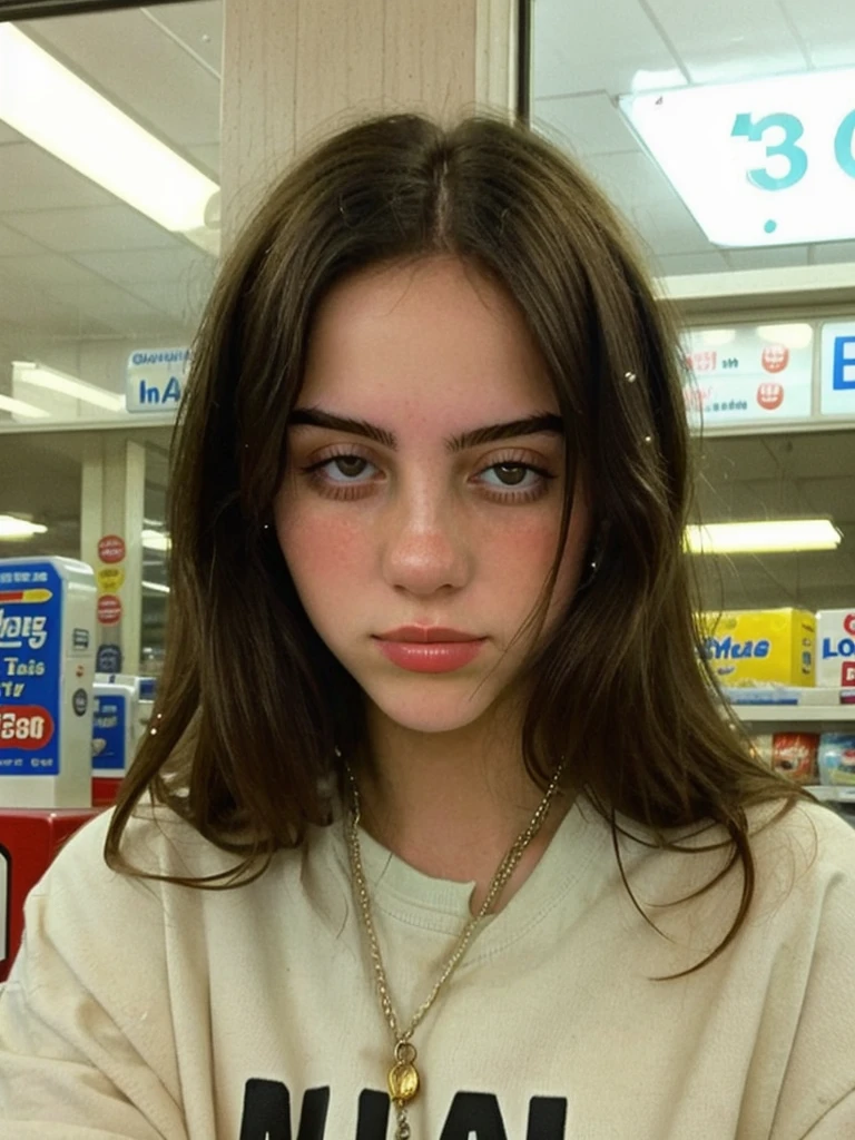 Close-up portrait photo of a young brunette woman taken at a convenience store during the night, Amateur, low quality image, exhibiting a grainy texture, jpg artifacts, film grain, gritty, raw aesthetic