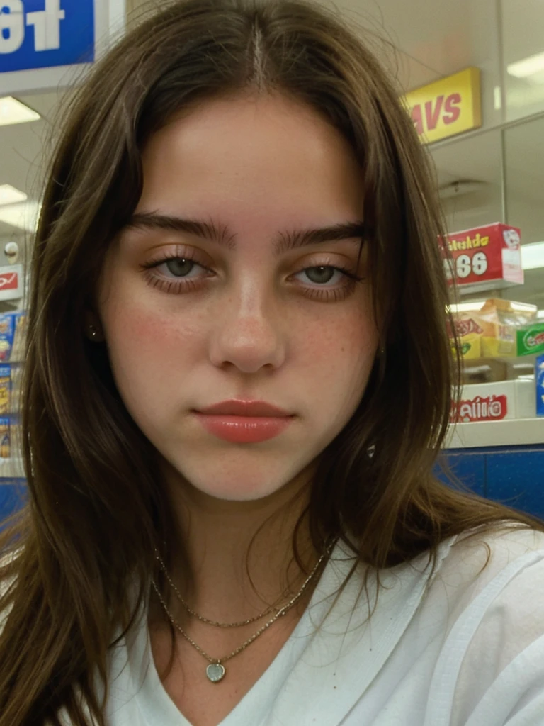 Close-up portrait photo of a young brunette woman taken at a convenience store during the night, Amateur, low quality image, exhibiting a grainy texture, jpg artifacts, film grain, gritty, raw aesthetic