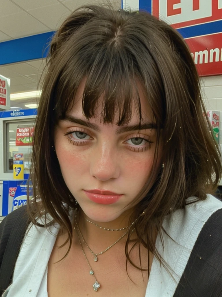 Close-up portrait photo of a young brunette woman taken at a convenience store during the night, Amateur, low quality image, exhibiting a grainy texture, jpg artifacts, film grain, gritty, raw aesthetic