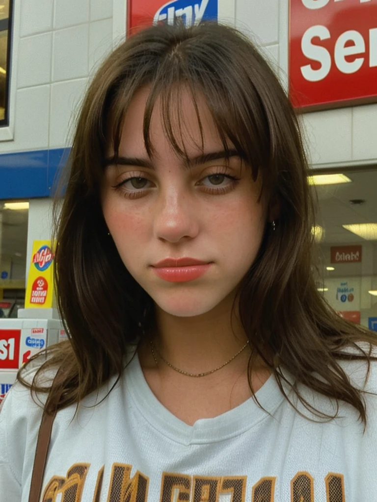 Close-up portrait photo of a young brunette woman taken at a convenience store during the night, Amateur, low quality image, exhibiting a grainy texture, jpg artifacts, film grain, gritty, raw aesthetic