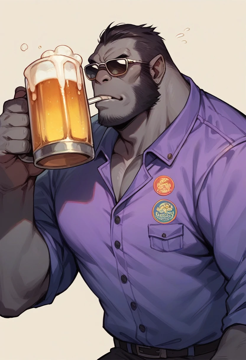 A gorilla with sunglasses and a purple jumpsuit, Drinking beer