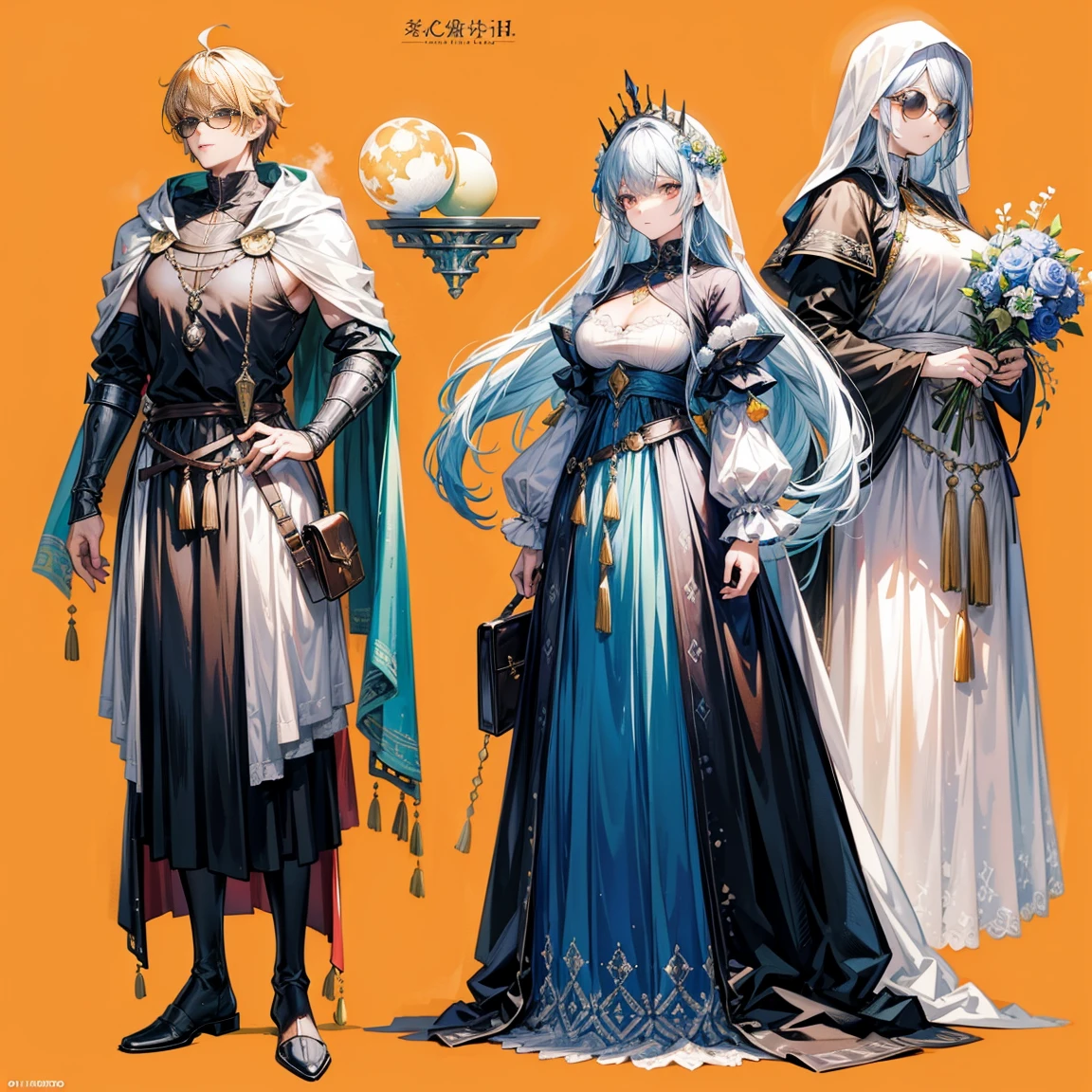 character sheets, Three types，full body shot，Game Character Design，чем маленькая летающая moon，Girl in sunglasses and beans，Victorizo ∨TSE∨，orange background,Stylistic expression, full clothed、Unbelievable absurdity、 long skirt, backpacks,Medieval heavy dress, moon. veil, bouquet, Separating elements), watercolor,illustration,realistic,harmonious colors,natural lighting, vine、