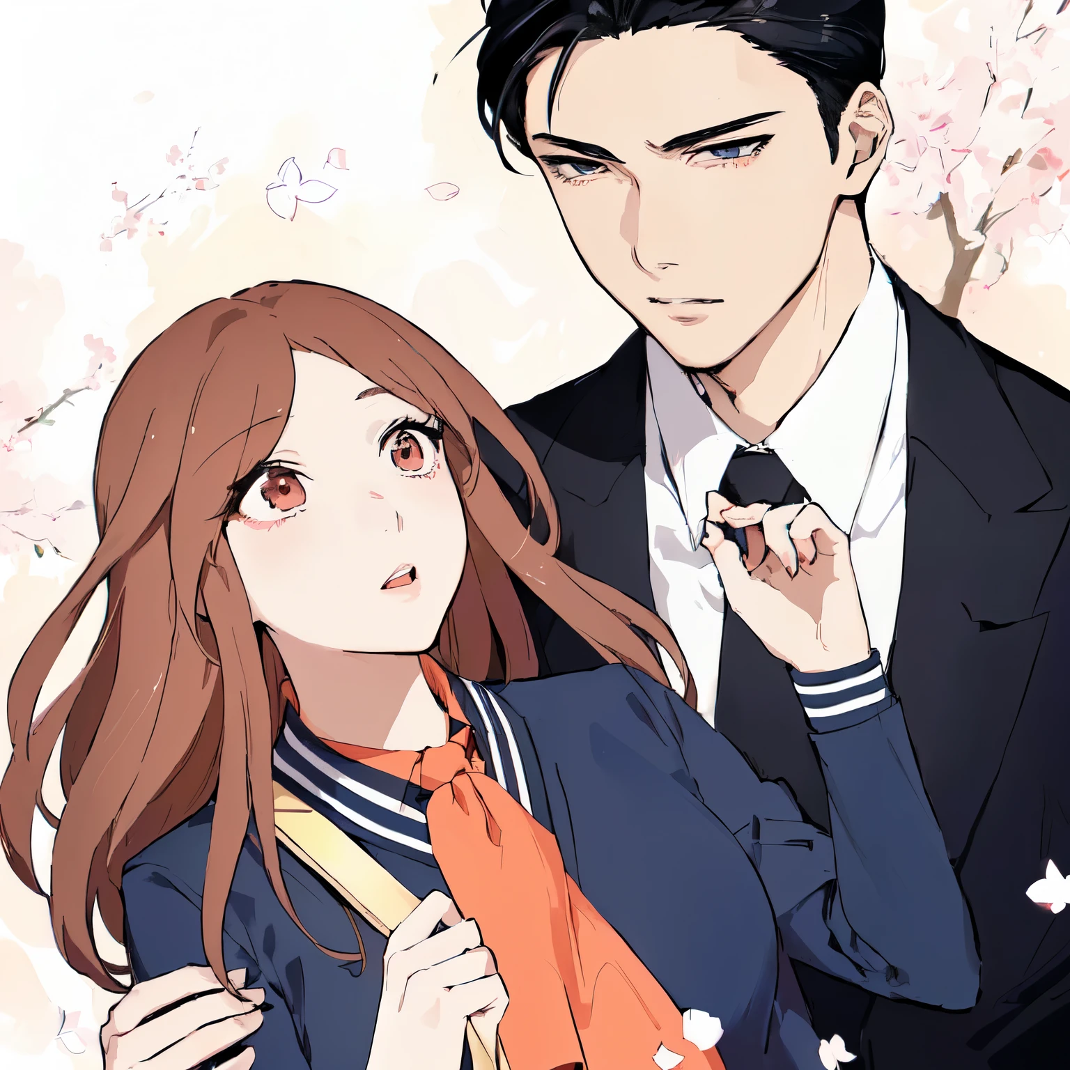 anime image of a man and woman in a suit and tie, shoujo romance, manhwa, official fanart, in anime style, sankakucomplex anime image, shoujo manga, in an anime style, high quality fanart, marin kitagawa fanart, shuushuu anime image, official art, illustrative!!, sui ishida art manga, detailed hair, girl with detailed lips, Beautiful Mouth, perfects eyes, very pretty girl, serious and dark man, surprise girl, scared girl, look of astonishment, perfect toes, ((Detailed fingers))