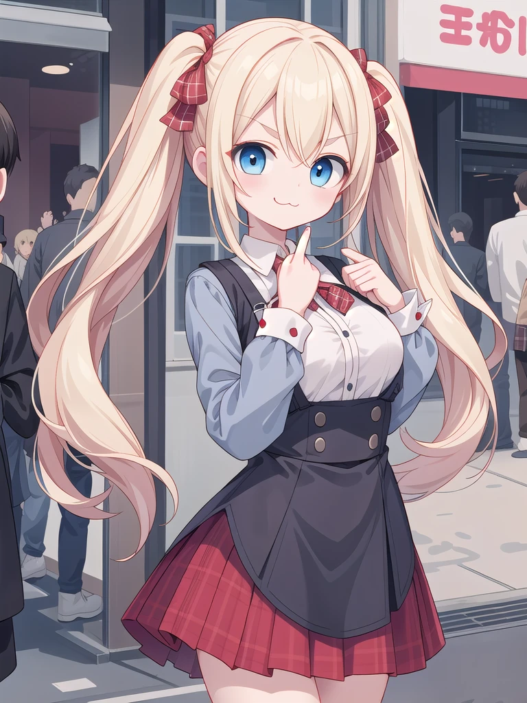 insanely detailed, absurdres, ultra-highres, ultra-detailed, best quality,
1girl, solo, nice hands, perfect hands,
BREAK
lanky,gothic dress,nylon clothes,denim dress,saddle jacket,red tartan-check pleated skirt
BREAK
(smirking, evil smile:1.2), closed mouth, (:3:1.3), v-shaped eyebrows, standing
BREAK
slender, kawaii, perfect symmetrical face, ultra cute girl, ultra cute face, ultra detailed eyes, ultra detailed hair, ultra cute, ultra beautiful,
BREAK
in harajuku, shibuya, tokyo, street, crowd, cityscape,
BREAK
medium large breasts,
blonde hair, blue eyes, twintails