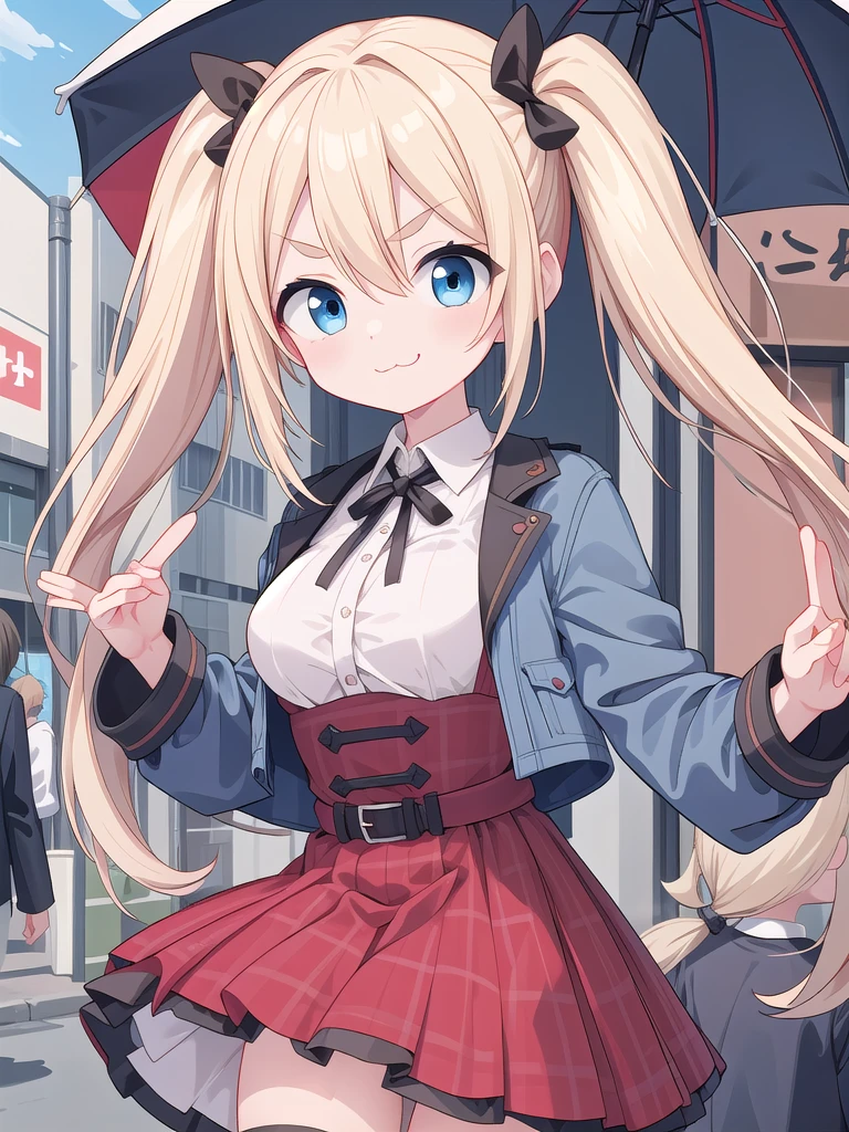 insanely detailed, absurdres, ultra-highres, ultra-detailed, best quality,
1girl, solo, nice hands, perfect hands,
BREAK
lanky,gothic dress,nylon clothes,denim dress,saddle jacket,red tartan-check pleated skirt
BREAK
(smirking, evil smile:1.2), closed mouth, (:3:1.3), v-shaped eyebrows, standing
BREAK
slender, kawaii, perfect symmetrical face, ultra cute girl, ultra cute face, ultra detailed eyes, ultra detailed hair, ultra cute, ultra beautiful,
BREAK
in harajuku, shibuya, tokyo, street, crowd, cityscape,
BREAK
medium large breasts,
blonde hair, blue eyes, twintails