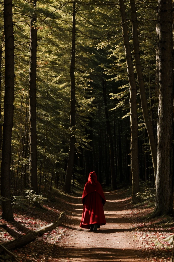 A deep forest scene with dark trees and long shadows. little Red Riding Hood camina por un sendero con su capa roja brillante y una cesta en la mano. The wolf peeks out from behind a tree, watching her shrewdly. In the background, grandma's house with a smoking fireplace looks cozy. Title "little Red Riding Hood" is at the top, with elegant letters and in a vibrant red tone.