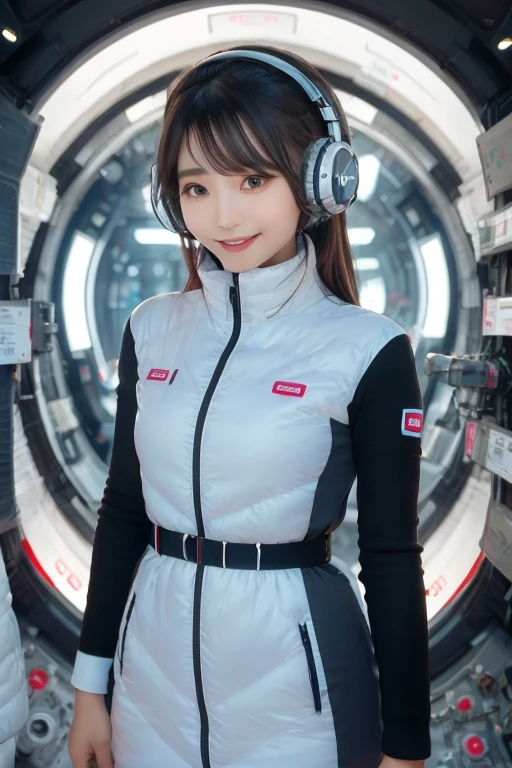 masterpiece, Highest quality, Very detailed, 8K Portrait,Japanese Android Girl,plump , Control panel,Robotic arms and legs, Blunt bangs,,break (Metallic Gray, Metallic luster, Mirror finish, Astro Best):5,headphone:5,break (Black sleeves):100,Smart Watches,Futuristic space station,Control Room,break headphone,blue eyes,(Black Hair):2,(Long Hair):1.3,Displaying the viewer,(respirator),break blush:3,Hidden Hand,smile