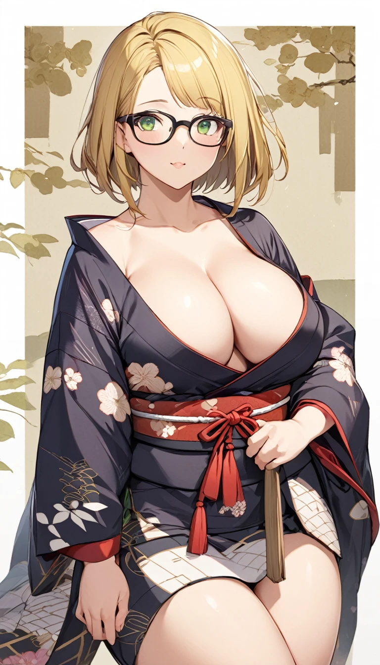 chubby girl, blonde, green eyes, medium length hair, open forehead, glasses with black square frames Japanese clothing style, ancient japan, bare chest, bare thighs, соски 