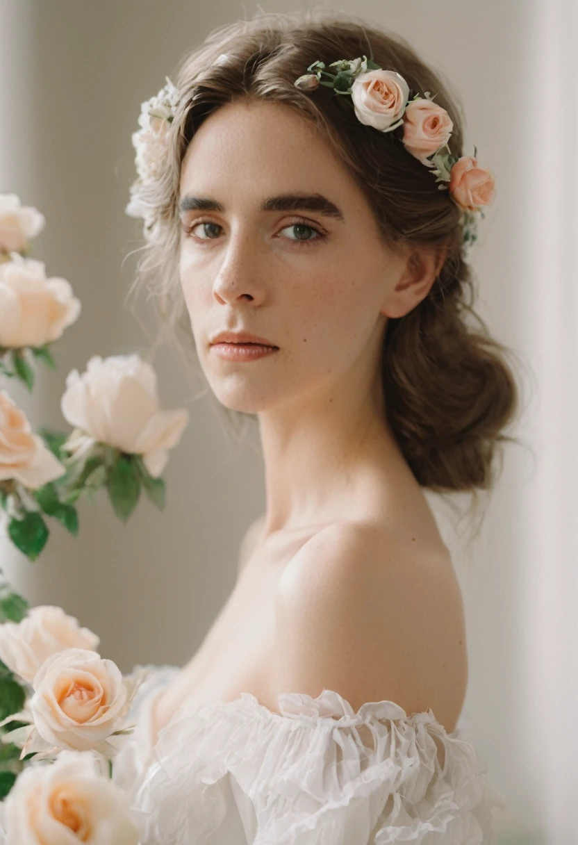 There is a woman in a white dress holding a bouquet of flowers, delicate androgynous prince, peach rose wreath, portrait of romanticism, soft portrait photographed in 8k, cute androgynous prince, Rococo style portrait, peach rose wreath mecânicas, editorial portrait, wearing a floral crown, wearing a flower helmet, Lots of Merlos, with flowers