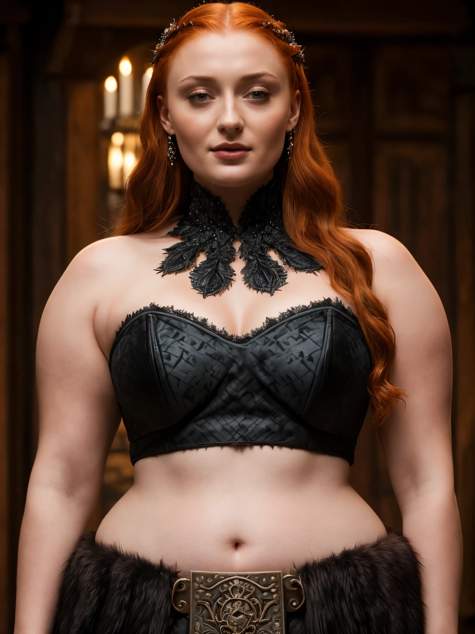 Face of Sophie Turner, Sansa Stark played by Sophie Turner, the de facto Lady of the Eyrie, is a 40-year-old mature queen with a stunning, alluring appearance. Full Face, Full figured woman, pierced eyes, reddish lips, upper body shot, erotic Mediaeval costumes, game of thrones costumes, She wears a Game of Thrones-inspired costume and has a deep cleavage, a perfect thick body, and a perfect thick figure. The photograph captures her in a close-up, with her skin texture and facial features being ultra-realistic and realistic. Juicy thick figure, high quality skin, Skin pores, amazing details, snow, snow flakes, semi realistic, extremely detailed eyes, dark moody orange and black settings, cool environment, artificial intelligence