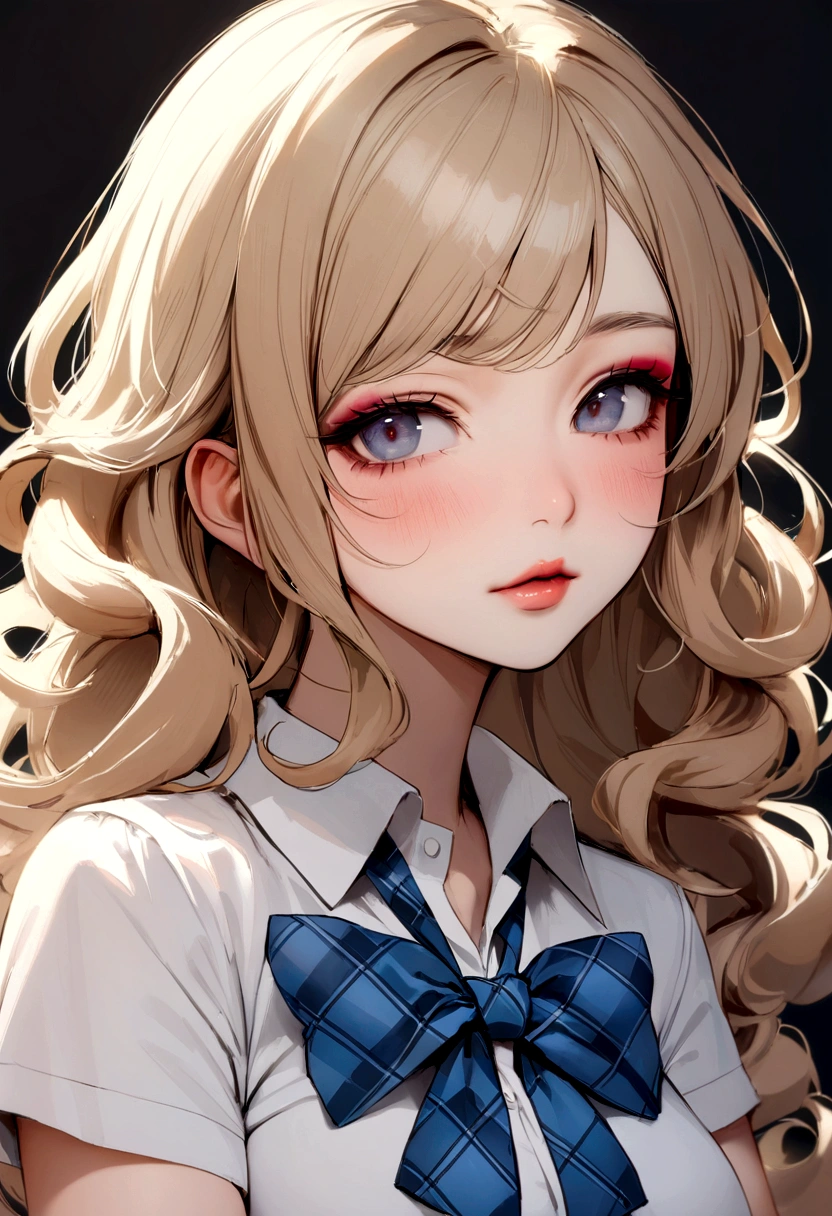 (Photorealistic:1.4, 8K), Highest quality, masterpiece, Ultra-high resolution, Perfect dynamic composition, Big Face、Round face、((Light brown hair:1.4、Long Hair, Curly Hair))、Highly detailed skin and facial textures:1.3, Limb details, 1 Girl, Cute and sexy 22 year old Japanese , (Sunburned skin:1.2), ((Totally captivates you:0.9)), ((school uniform, White collar short sleeve shirt, Blue checked school bow tie)),Medium Chest, (avert your eyes、Beautiful Eyes, black eye, Beautiful erotic eyes:0.85), Sexy Face:0.4, (Mouth closed、Small Mouth、Thick lips、A taste of beautiful eroticism:0.85), ((Too cute beauty:0.9))、Gal Makeup、((Upper Body)), ((Improve))