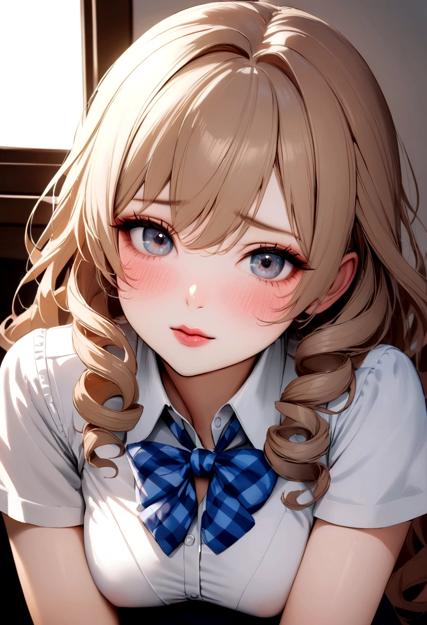 (Photorealistic:1.4, 8K), Highest quality, masterpiece, Ultra-high resolution, Perfect dynamic composition, Big Face、Round face、((Light brown hair:1.4、Long Hair, Curly Hair))、Highly detailed skin and facial textures:1.3, Limb details, 1 Girl, Cute and sexy 22 year old Japanese , (Sunburned skin:1.2), ((Totally captivates you:0.9)), ((school uniform, White collar short sleeve shirt, Blue checked school bow tie)),Medium Chest, (avert your eyes、Beautiful Eyes, black eye, Beautiful erotic eyes:0.85), Sexy Face:0.4, (Mouth closed、Small Mouth、Thick lips、A taste of beautiful eroticism:0.85), ((Too cute beauty:0.9))、Gal Makeup、((Upper Body)), ((Improve))