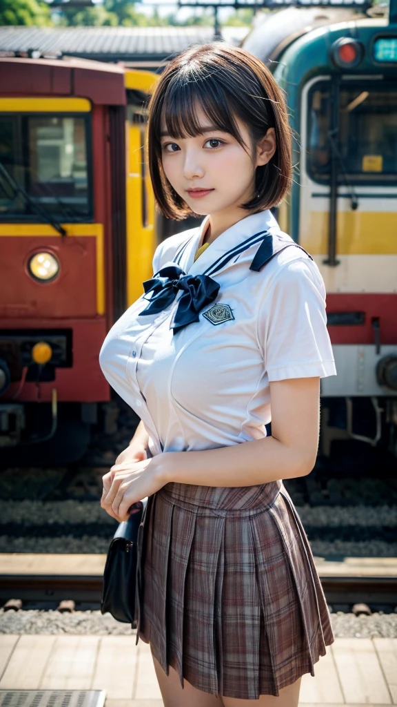 (masterpiece:1.2, highest quality), bokeh, 1 high school girl, 
(Japanese idle:1.6), Plump breast, Blushed face, short bob hair, Looking at the viewer, standing at the train railway, high school uniform:1.6), sundown, Close up, large breasts, Don't expose it
