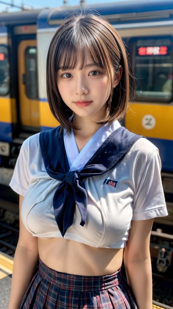 (masterpiece:1.2, highest quality), bokeh, 1 high school girl,
(Japanese idle:1.6), Plump breast, Blushed face, short bob hair, Looking at the viewer, standing at the train railway, high school uniform:1.6), sundown, Close up, large breasts, Don't expose it