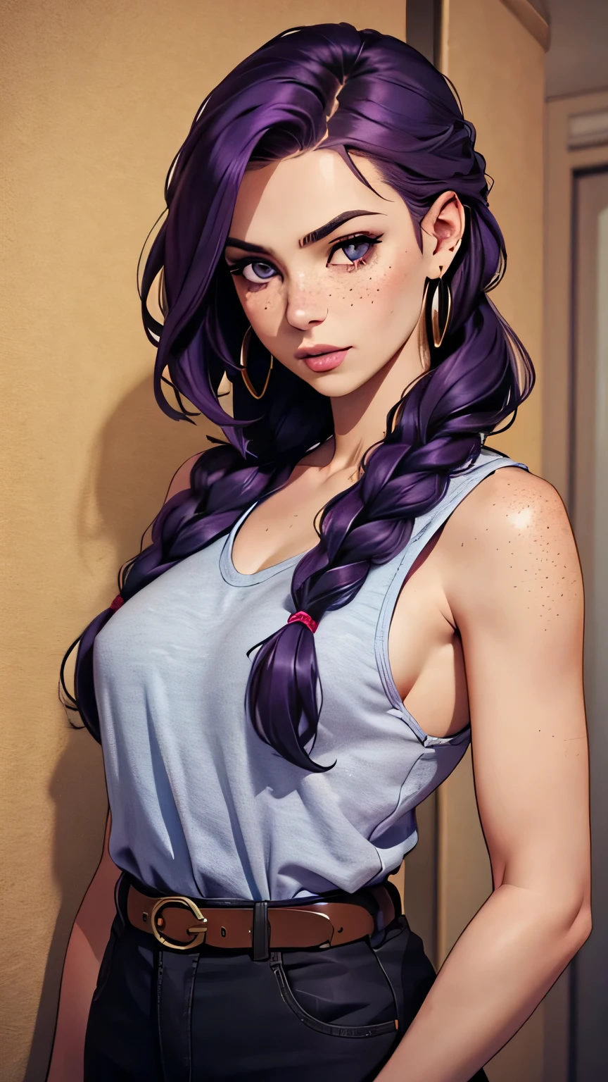 1Girl, Purple Hair, Solo, Earrings, Purple Eyes, Jewelry, Freckles, Lips, Upper Body, Belt, Looking At Viewer, Braid, Parted Lips