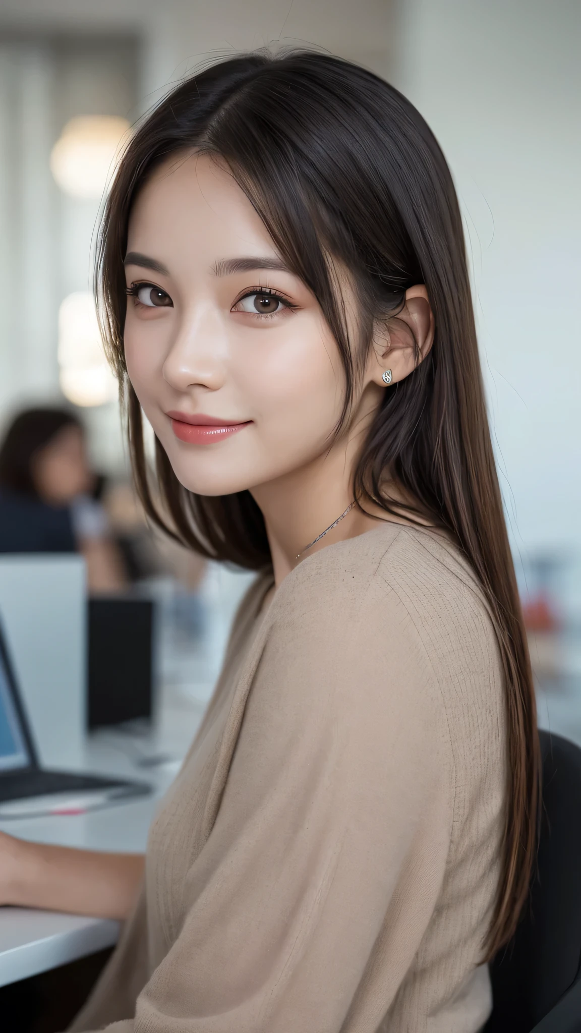 (1girl), (round eyes:1.2), (highly detailed face and eyes), smile, Amazing face and eyes, (Best Quality:1.4), (Ultra-detailed), (extremely detailed CG unified 8k wallpaper), Highly detailed, High-definition raw color photos, Professional Photography, Realistic portrait, Amazing face and eyes, indoors, office, (office lady, casual, mini Skirt:1.3), (A moment of relaxation), model, depth of fields, (fine face:1.2),