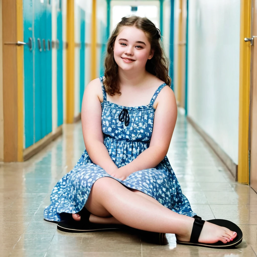 Chubby charming pale polish girl wearing sundress and simple black flip flops sits on the floor of school corridor