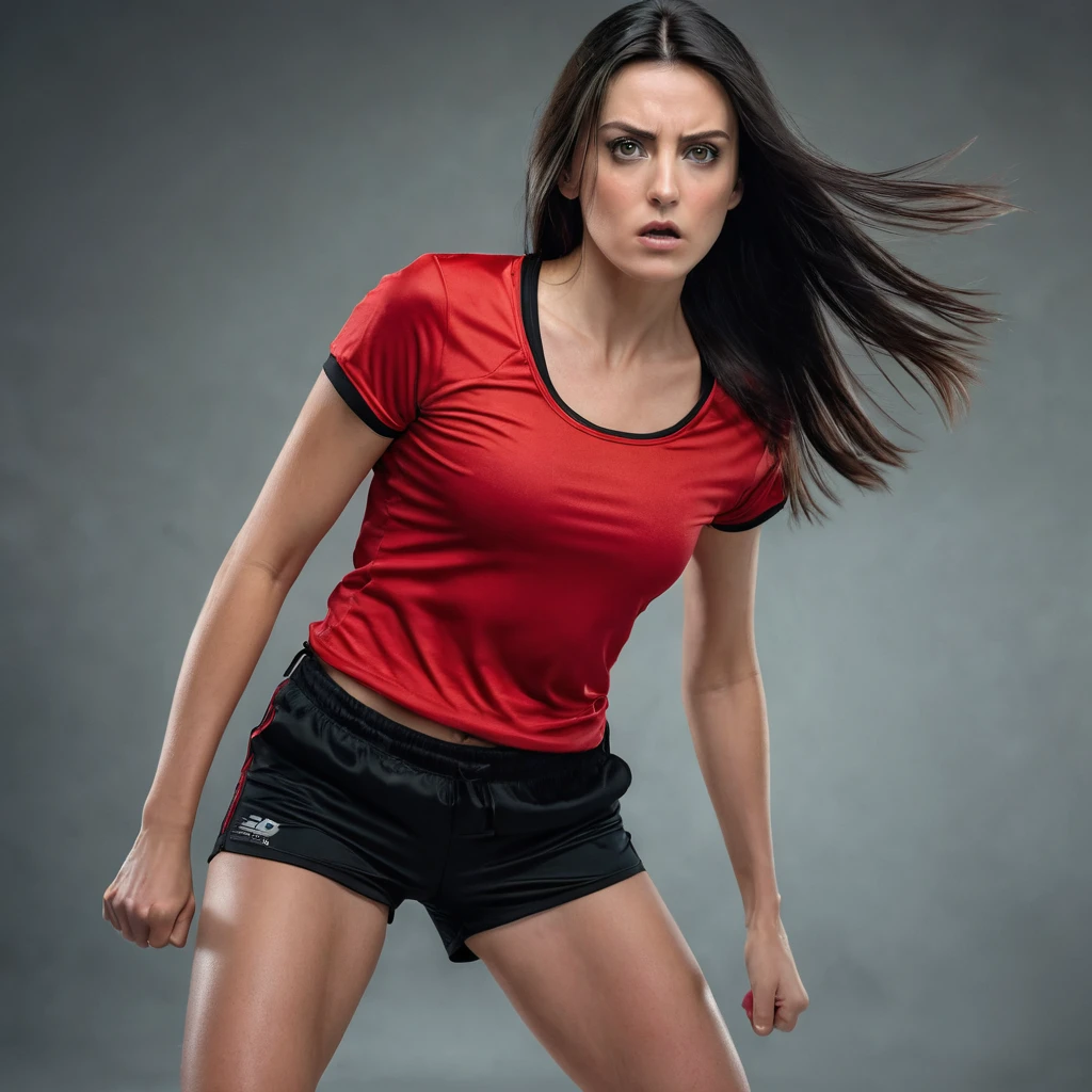 Create the image of a light brunette woman aged between 25 years old, straight, long black hair, greenish eyes, she is wearing a red top and black shorts, she is facing the camera in a fighting position, looking serious and sensual , ultrarealistic photo, hd, 8k