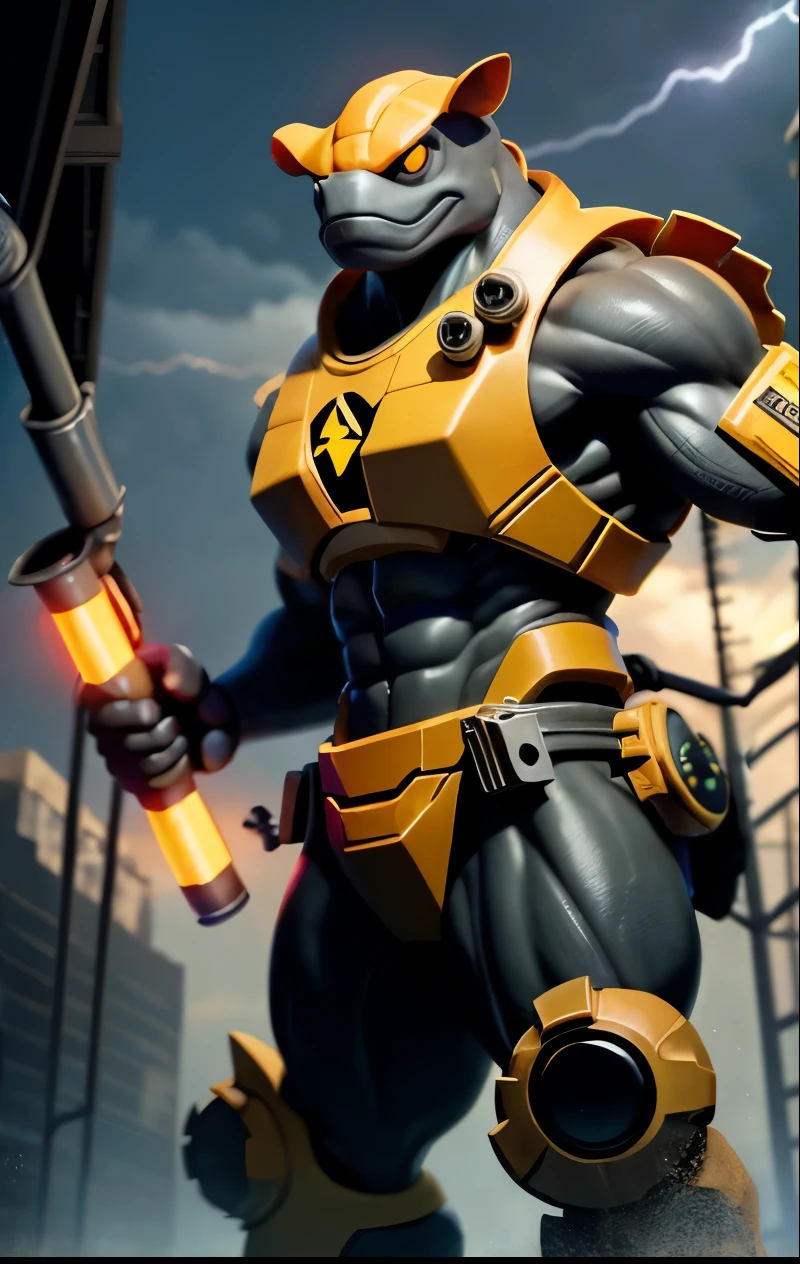 Create a 4k tortoise from this image, with muscular arms person style, well defined belly, holding a lightning bolt symbol of electrical engineering in your left hand and in your right hand a screwdriver or gears symbol of mechanical engineering, in addition to having the scenery of an industrial construction project as the background and this JABUTI has one of its feet on the shell of a backhoe that is behind it.