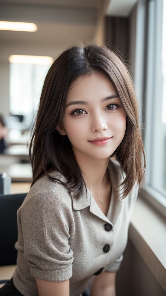 (1girl), (round eyes:1.2), (highly detailed face and eyes), smile, Amazing face and eyes, (Best Quality:1.4), (Ultra-detailed), (extremely detailed CG unified 8k wallpaper), Highly detailed, High-definition raw color photos, Professional Photography, Realistic portrait, Amazing face and eyes, indoors, office, (office lady, casual, mini Skirt:1.3), (A moment of relaxation), model, depth of fields, (fine face:1.2),