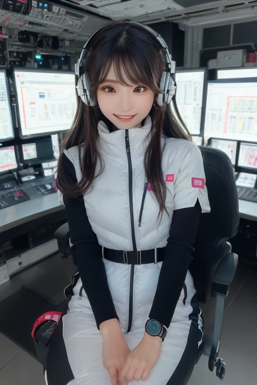 masterpiece, Highest quality, Very detailed, 8K Portrait,Japanese Android Girl,plump , Control panel,Robotic arms and legs, Blunt bangs,,break (Metallic Gray, Metallic luster, Mirror finish, Astro Best):5,headphone:5,break (Black sleeves):100,Smart Watches,Futuristic space station,Control Room,break headphone,blue eyes,(Black Hair):2,(Long Hair):1.3,Displaying the viewer,(respirator),break blush:3,Hidden Hand,smile