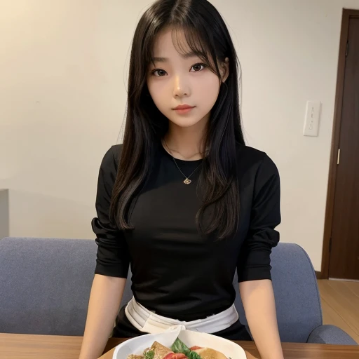 A girl with prefect body age 16yera old girl long back heir black shirt and jensh pand sitting on food chear butfull girl body scene white Korean girl
