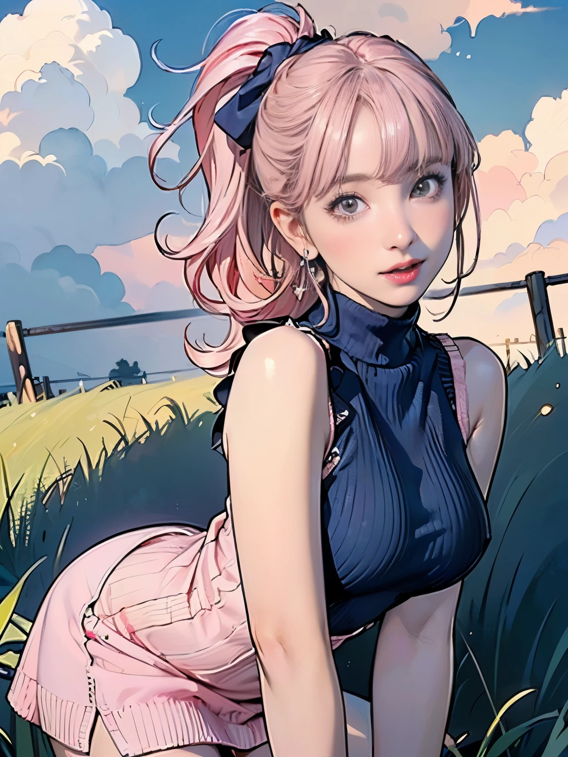 ((((Highest quality))))、(((Ultra-precision CG16K wallpaper)))、(((masterpiece)))、(((Super detailed)))、(((Extreme detail)))、((1Mature 29 year old woman:1.6))、((Very beautiful Japan face of a person))、((Urizane Face:1.8))、((Soft wavy ponytail medium hair、blunt bangs:1.8))、(((Shiny pink hair:1.5)))、A delicately drawn beautiful face、Dark Eyes、double eyelid、High nose、Small nostrils、Small Mouth、Seductive lips、Beautiful breasts、((C cup size breasts))、Beautiful feet、eight-headed body、Perfect proportions、Perfect Anatomy、Perfect composition、Beautiful detailed shading、Beautiful, natural lighting、Beautiful detail glow、Depth of written boundary、(((High chroma)))、(((Real:1.9)))、((vivid:1.5))、((Beautiful Skin))、((Skin Texture))、((Realな皮膚感))、(((Cowboy Shot:1.6)))、((front view、shoot from front、front low angle:1.6))、(((Half-open mouth、Surprised face:1.3)))、((The woman is looking at this、looking at viewer:1.6))、Bright daylight、Natural light、(((Grass Square、cloud:1.5)))、(Standing pose:1.6)、(((Navy blue high neck sleeveless summer knit mini dress:1.8)))、((Scrunchie Ribbon、Wearing earrings:1.5))、((Lace Stockings Clothed:1.3))、