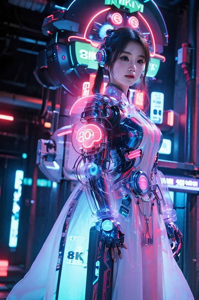 1 girl solo, perfect_hand, (8k, RAW photo, best quality, masterpiece:1.2), (realistic, photo-realistic:1.4), (extremely detailed CG unity 8k wallpaper),full body, (neon lights:1.2), machop, mechanical arms,mecha, hanfu, Chinese clothes, dress,