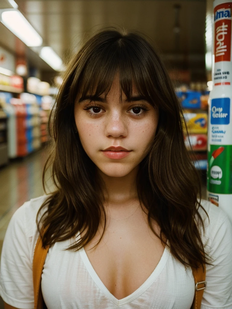 Close-up portrait photo of a young brunette woman taken at a convenience store during the night, low quality image, exhibiting a grainy texture, jpg artifacts, film grain, gritty, raw aesthetic