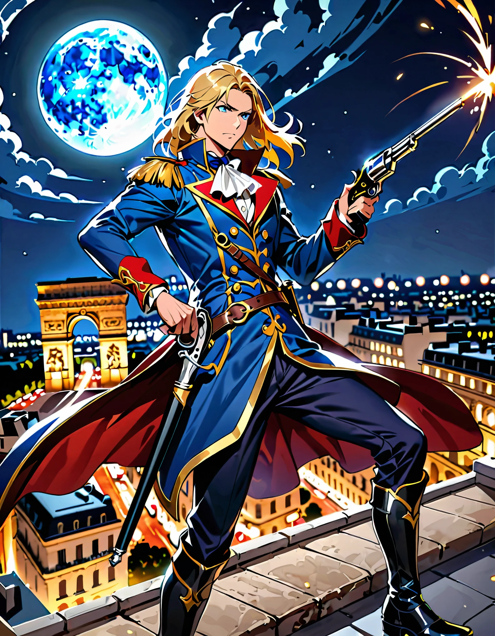 (masterpiece), (best quality), (hires), 1man, solo, solo focus, male focus, dynamic action pose, handsome french male, musketeer, gentleman, holding weapon, cybernetic limbs, holding gun, holding and aiming a flintlock pistol with one hand, muzzle flash, blonde hair, medium hair, hair down, blue eyes, (wearing edgmousquetaire), sheath, looking away, modern paris, night, outdoors, rooftop, ledge, arc de triomphe, full moon