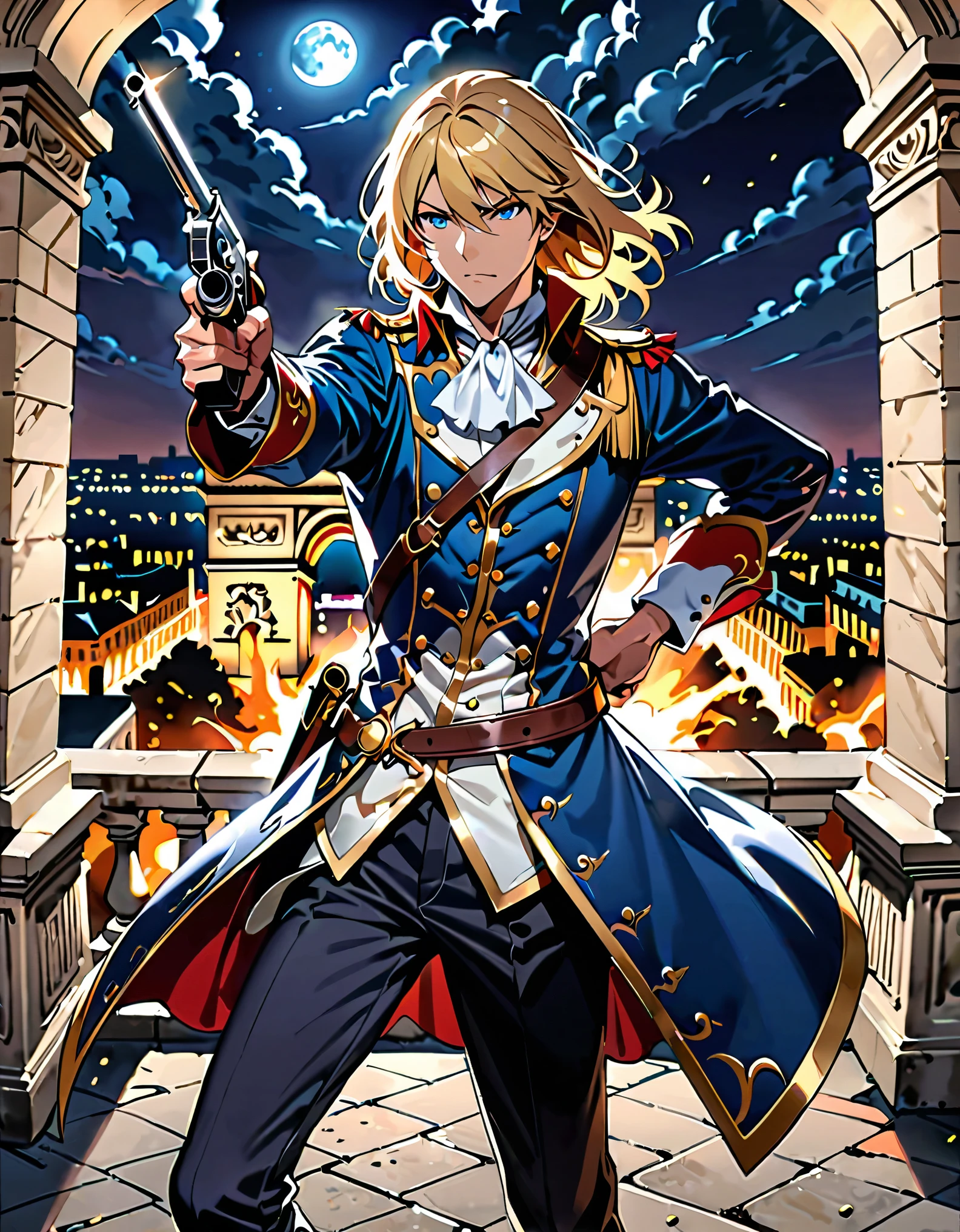 (masterpiece), (best quality), (hires), 1man, solo, solo focus, male focus, dynamic action pose, handsome french male, musketeer, gentleman, holding weapon, cybernetic limbs, holding gun, holding and aiming a flintlock pistol with one hand, muzzle flash, blonde hair, medium hair, hair down, blue eyes, (wearing edgmousquetaire), sheath, looking away, modern paris, night, outdoors, rooftop, ledge, arc de triomphe, full moon