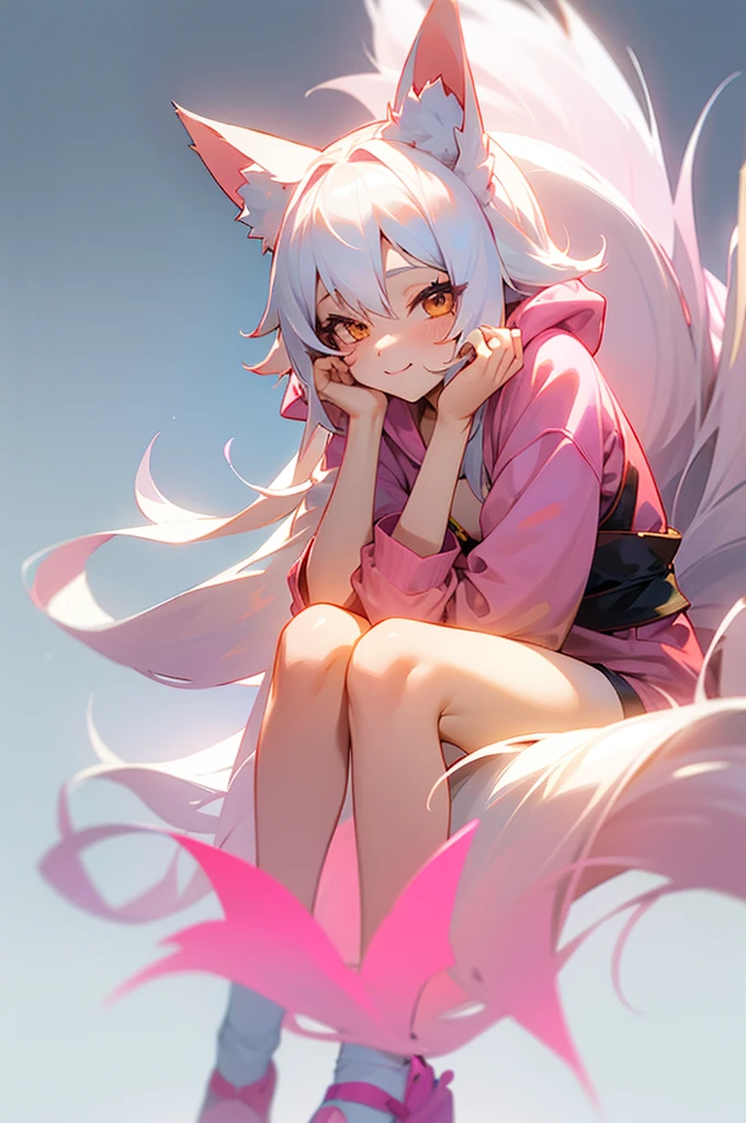 1girl, body, small breast, fox girl, fox ears, kitsune, kitsune tails, white hair long, hair, flowy hair, prtty girl, pink nit sweater, hoodie, cute pose, kawaii, cute pose, winking, bending over, big smile, plain background, white background, half body composition, sitting pose, legs together, knees up, soft colors,