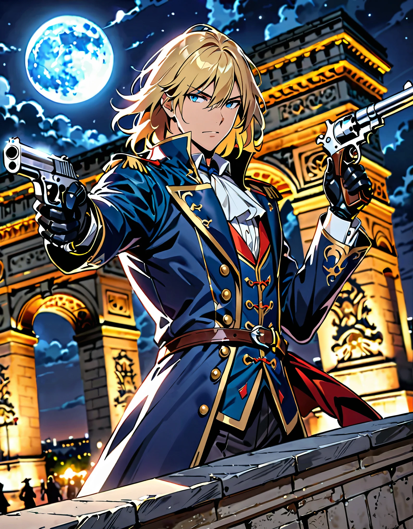 (masterpiece), (best quality), (hires), 1man, solo, solo focus, male focus, dynamic action pose, handsome french male, musketeer, gentleman, holding weapon, cybernetic limbs, holding gun, holding and aiming a flintlock pistol with one hand, muzzle flash, blonde hair, medium hair, hair down, blue eyes, (wearing edgmousquetaire), sheath, looking away, modern paris, night, outdoors, rooftop, ledge, arc de triomphe, full moon
