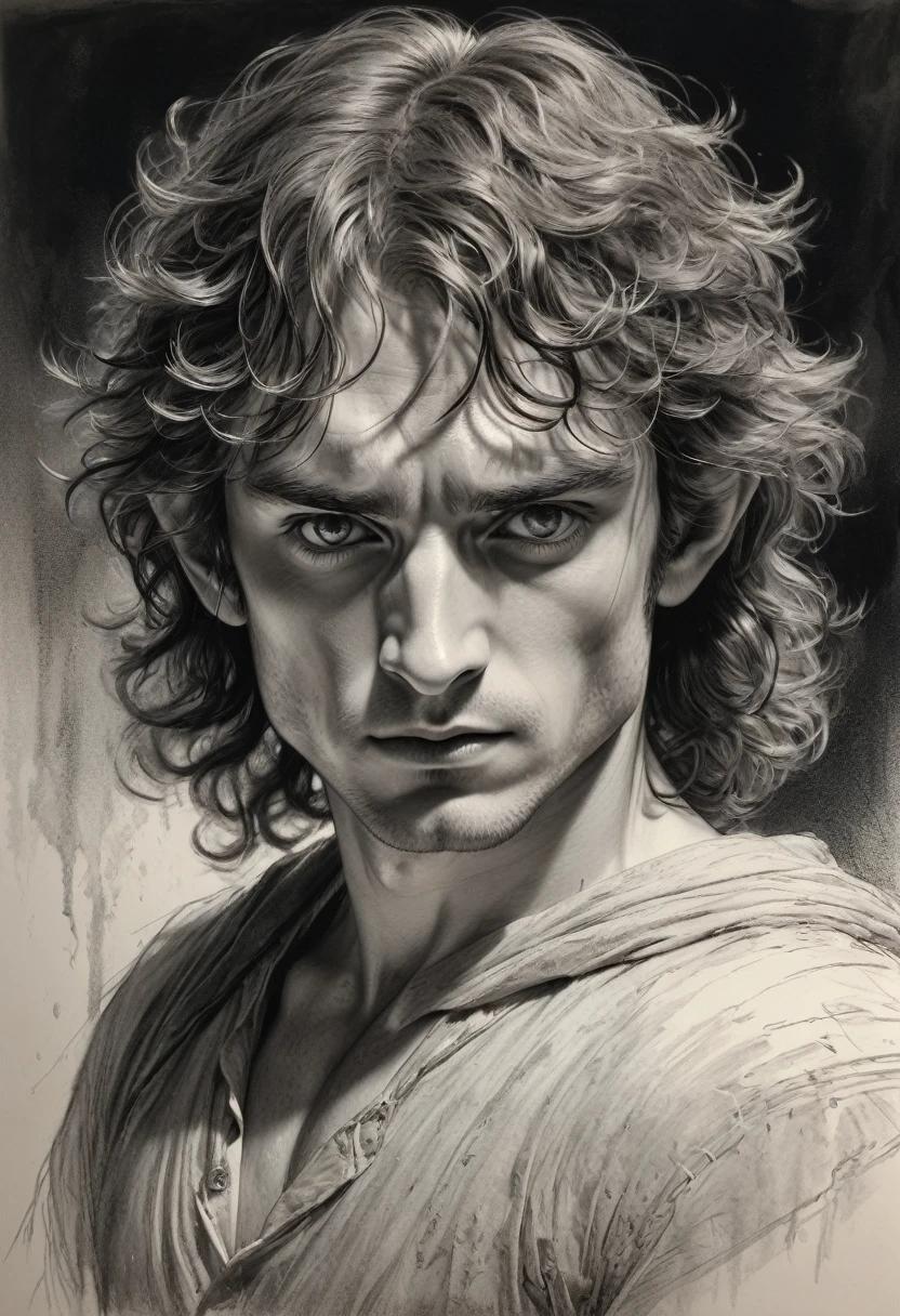 stunning black and white graphite sketch of Peregrin Took, up close shot, from The Lord Of The Rings trilogy, in dynamic pose, by Anna Razumovskay, (by Alyssa Monks:1.1), by Joseph Lorusso, by Lilia Alvarado, beautiful lighting, sharp focus, 8k, high res, (pores:0.1), (sweaty:0.8), Masterpiece, Nikon Z9, Award - winning photograph, --ar 16:9 --style raw --stylize 750 --niji 6, perfect composition, beautiful detailed intricate insanely detailed octane render trending on artstation, 8 k artistic photography, photorealistic concept art, soft natural volumetric cinematic perfect, wide angle view 