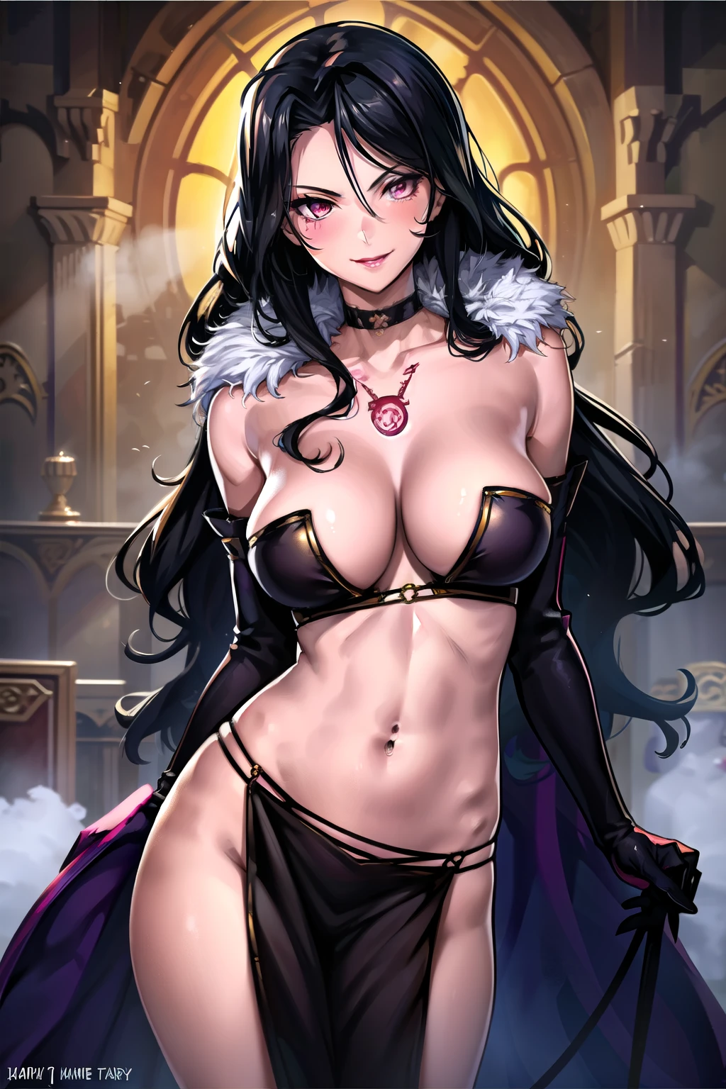 1girl, solo, lust \(fma\), licking lips,  large breasts, evil smile, smile, blush, lipstick, fur trim, mature female, gloves, fur-trimmed coat, masterpiece, best quality, highly detailed ,glint,halterneck,gold_choker, complex detailed background, inside, stone wall, ancient interior, ancient egyptian room, hieroglyphs, dark lighting, dark atmosphere, (cowboy shot), holding a sword, sword, belly_chain,harem_outfit,navel, necklace, pelvic_curtain,revealing_clothes, veil，masterpiece,best quality,1girl,mature,evil smile, smile, female,mature,necklace,pendant, (nsfw) not safe for work, exposed belly, exposed navel, exposed midriff, exposed lower belly, navel piercing