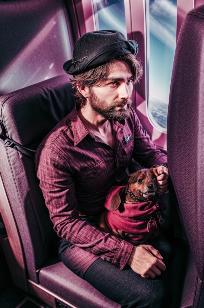 man with his dog inside the plane going to travel, absurdrez, high resolution, ultra detaild