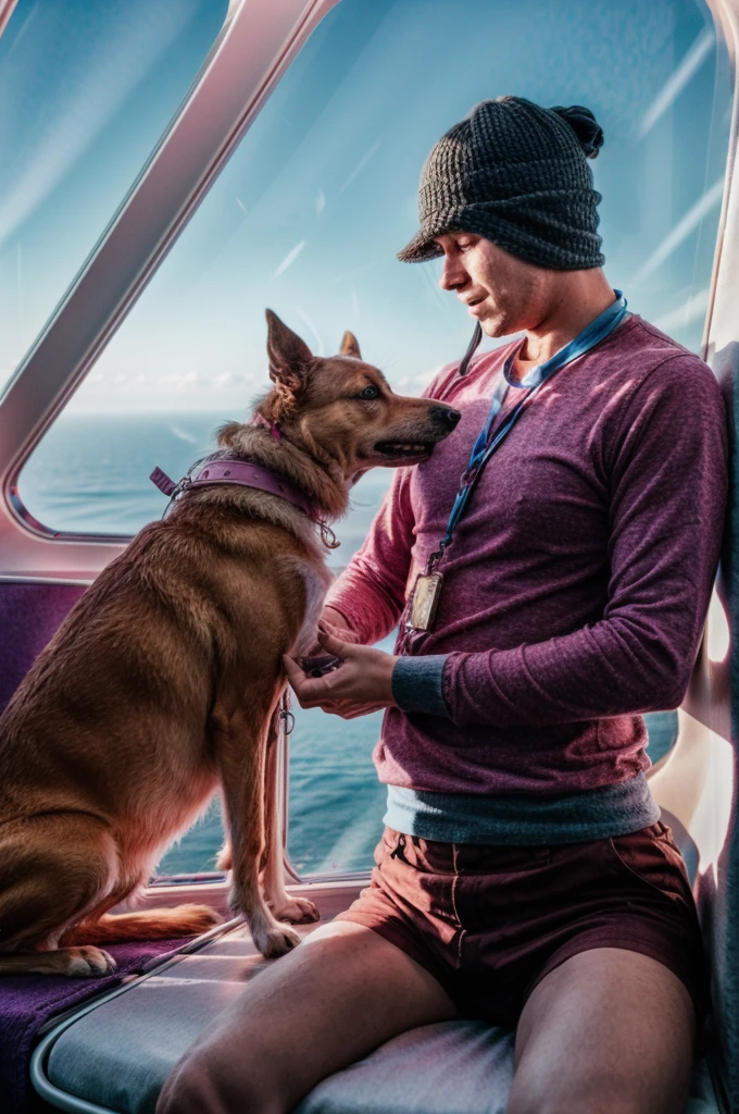 man with his dog inside the plane going to travel, absurdrez, high resolution, ultra detaild