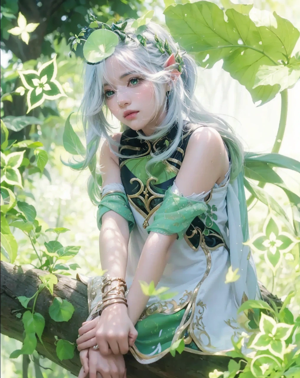 ( NAHIDA_GENSHIN IMPACT),((realistic, photorealistic)),(highlight hair)), Light reflection, (( HD )),((upper body)), (((best quality, masterpiece))), (masterpiece) (best quality) (detail) (8k) (HDR) (wallpaper) (cinematic lighting) (sharp focuasterpiece, best quality: 1.1), Real life adaption of this character, Asian teen beauty face, Shining Purple eyes, realistic outfit, realistic shadow, realistic light, realism, hyper realistic, realistic background,(photorealistic:1.2), 1girls,Background of god tree, magic plant, creeper roots, glowing, base of magic plant,Sunlight, vines on trees, flying light, elf-eared,Flying leaves, motion blur, loose hair, white hair, wind lines,fallen tree foreground blur,tree background, creeping tree roots, floating robes, floating hair, light sun, Particles light,Sitting on a tree,Green slime lands on top of head, glow effect, leaves, light particles