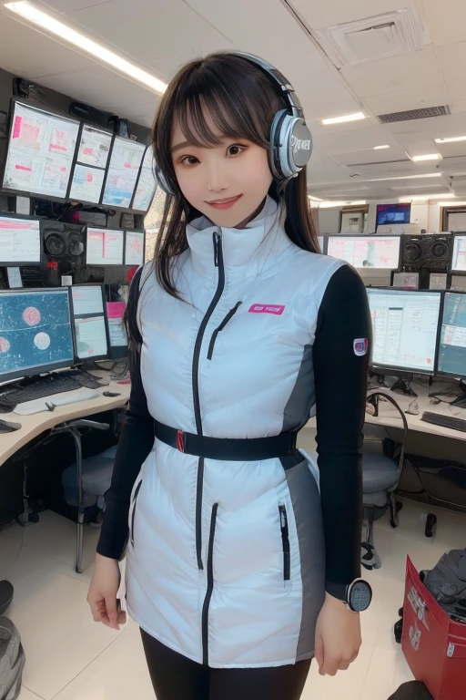 masterpiece, Highest quality, Very detailed, 8K Portrait,Japanese Android Girl,plump , Control panel,Robotic arms and legs, Blunt bangs,,break (Metallic Gray, Metallic luster, Mirror finish, Astro Best):5,headphone:5,break (Black sleeves):100,Smart Watches,Futuristic space station,Control Room,break headphone,blue eyes,(Black Hair):2,(Long Hair):1.3,Displaying the viewer,(respirator),break blush:3,Hidden Hand,smile
