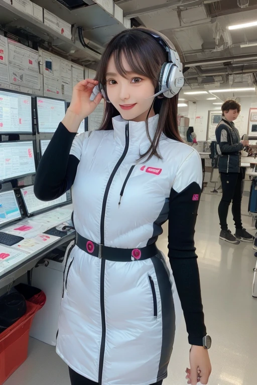 masterpiece, Highest quality, Very detailed, 8K Portrait,Japanese Android Girl,plump , Control panel,Robotic arms and legs, Blunt bangs,,break (Metallic Gray, Metallic luster, Mirror finish, Astro Best):5,headphone:5,break (Black sleeves):100,Smart Watches,Futuristic space station,Control Room,break headphone,blue eyes,(Black Hair):2,(Long Hair):1.3,Displaying the viewer,(respirator),break blush:3,Hidden Hand,smile