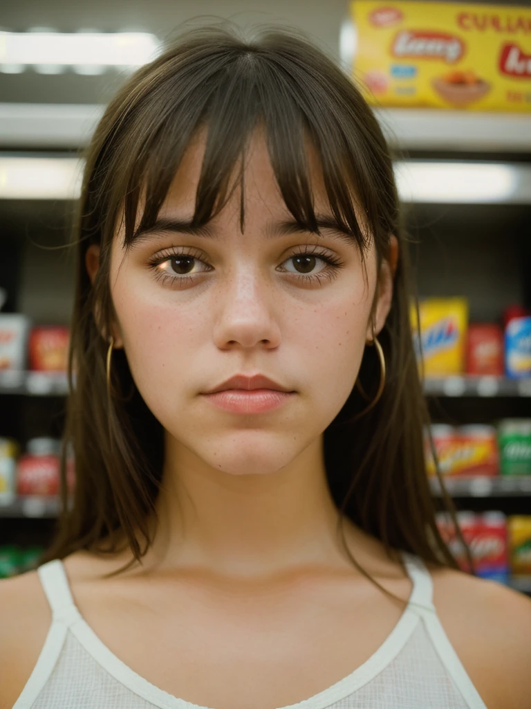 Close-up portrait photo of a young brunette woman taken at a convenience store during the night, low quality image, exhibiting a grainy texture, jpg artifacts, film grain, gritty, raw aesthetic