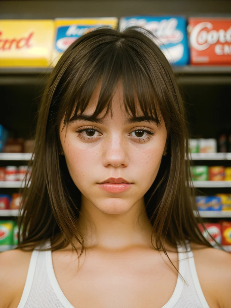 Close-up portrait photo of a young brunette woman taken at a convenience store during the night, low quality image, exhibiting a grainy texture, jpg artifacts, film grain, gritty, raw aesthetic