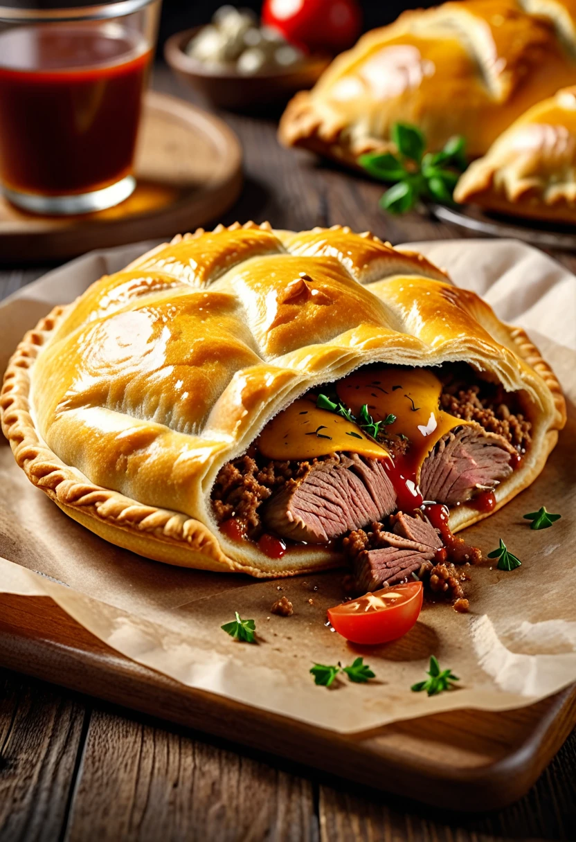 a delicious freshly baked meat-filled pasty, intricate detailed texture, high-quality realistic lighting, warm golden brown crust, juicy meat filling, steam rising, appetizing food photography, mouth-watering, 8k, high resolution, photorealistic, cinematic lighting, vivid colors, detailed description