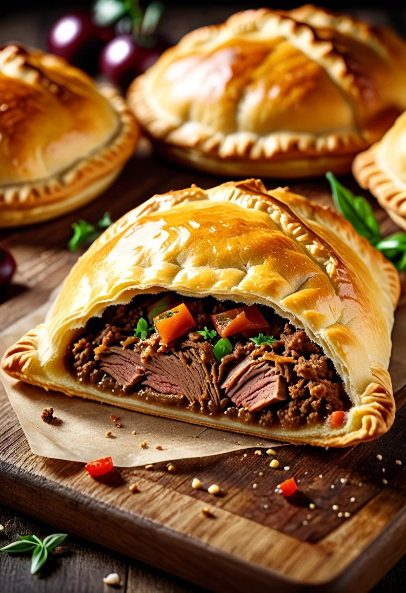 a delicious freshly baked meat-filled pasty, intricate detailed texture, high-quality realistic lighting, warm golden brown crust, juicy meat filling, steam rising, appetizing food photography, mouth-watering, 8k, high resolution, photorealistic, cinematic lighting, vivid colors, detailed description