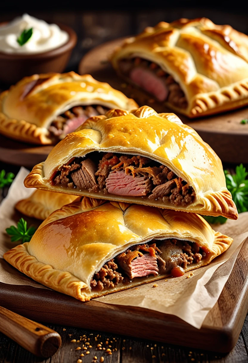 a delicious freshly baked meat-filled pasty, intricate detailed texture, high-quality realistic lighting, warm golden brown crust, juicy meat filling, steam rising, appetizing food photography, mouth-watering, 8k, high resolution, photorealistic, cinematic lighting, vivid colors, detailed description