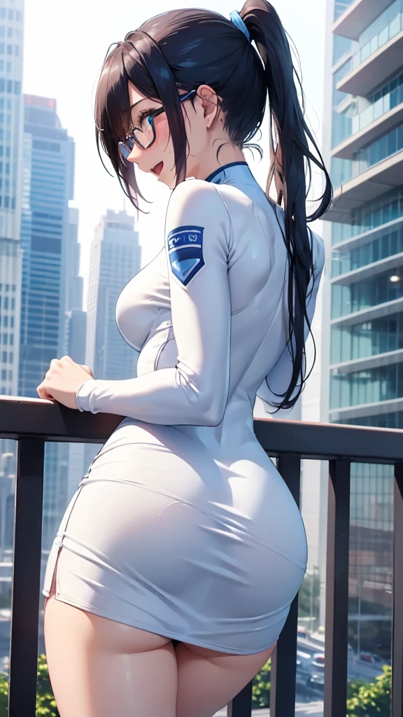 Women,25 years,,city,evening,(((tight bodysuit with white and blue miniskirt))),,open mouth smile(())(glasses),((Beautiful long ponytail)),(()),blush、Surprise face,((())),((turn around and look back))wet with sweat