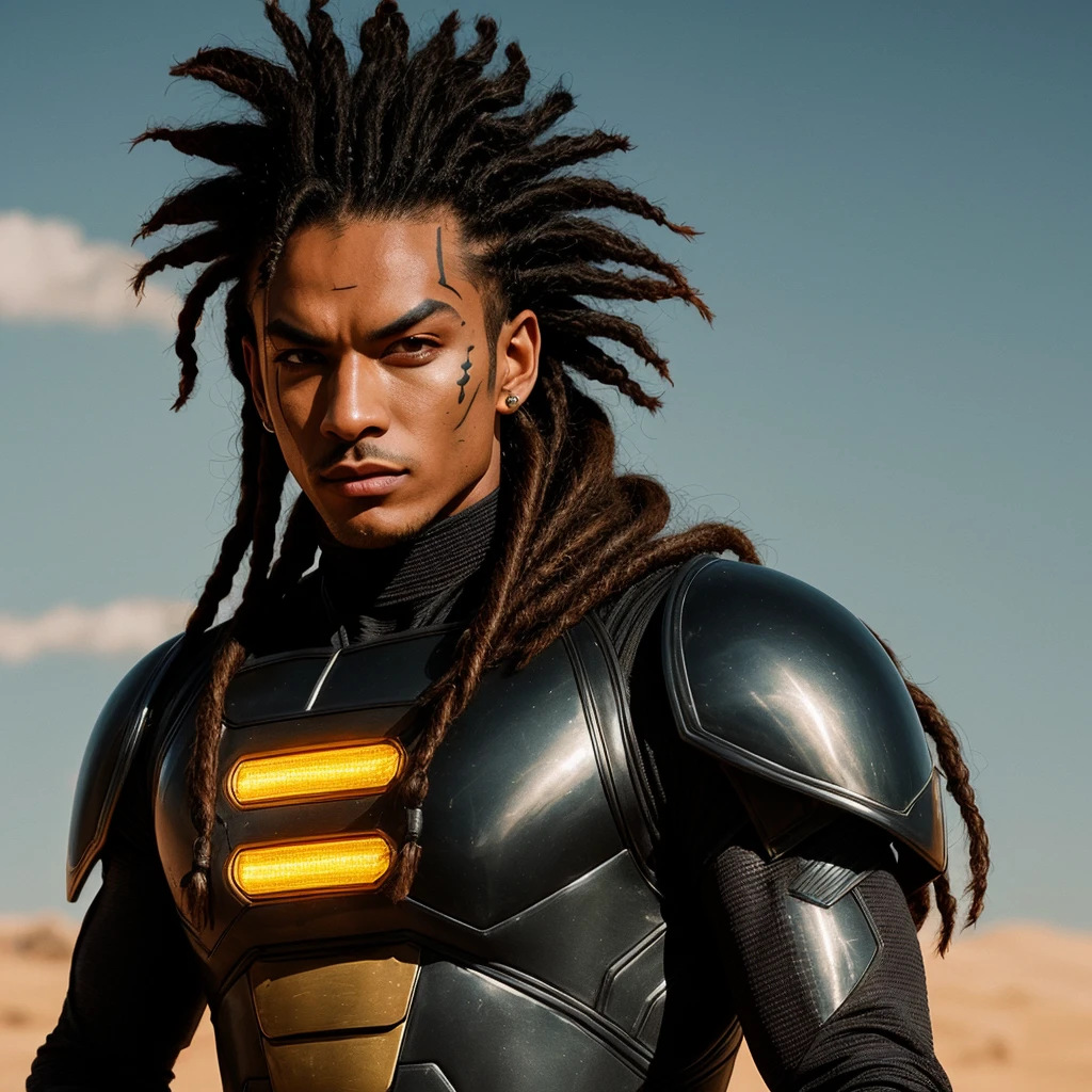 sleek sci fi saiyan detail alien organic textured bodysuit armor, young tall saiyan island fit male with long saiyan dreadlocks in sunset desert, face tattoos, hazel eyes, textures, details, realistic, cinematic, dark shadows, high contrast, VFX